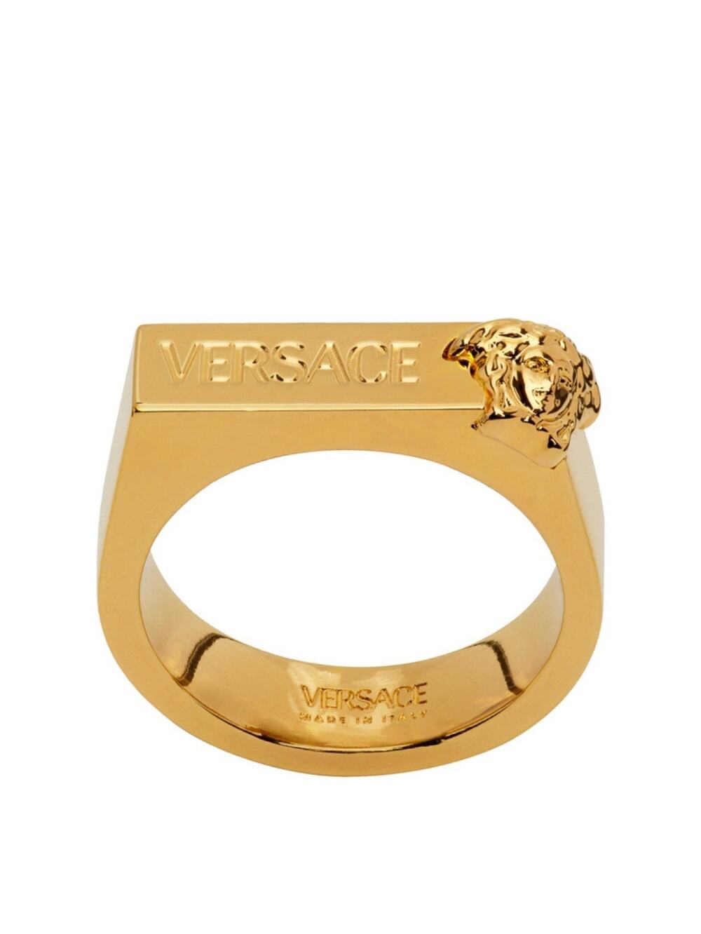 NIB Versace Spelled Out Logo Bar Ring IT 15 US 7 Medusa Head Gold Tone $295